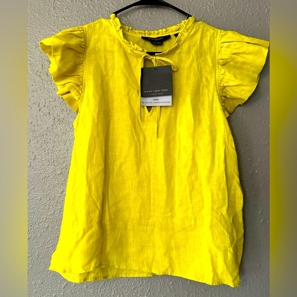 Marc New York Bright Yellow Linen Ruffle Sleeve Blouse